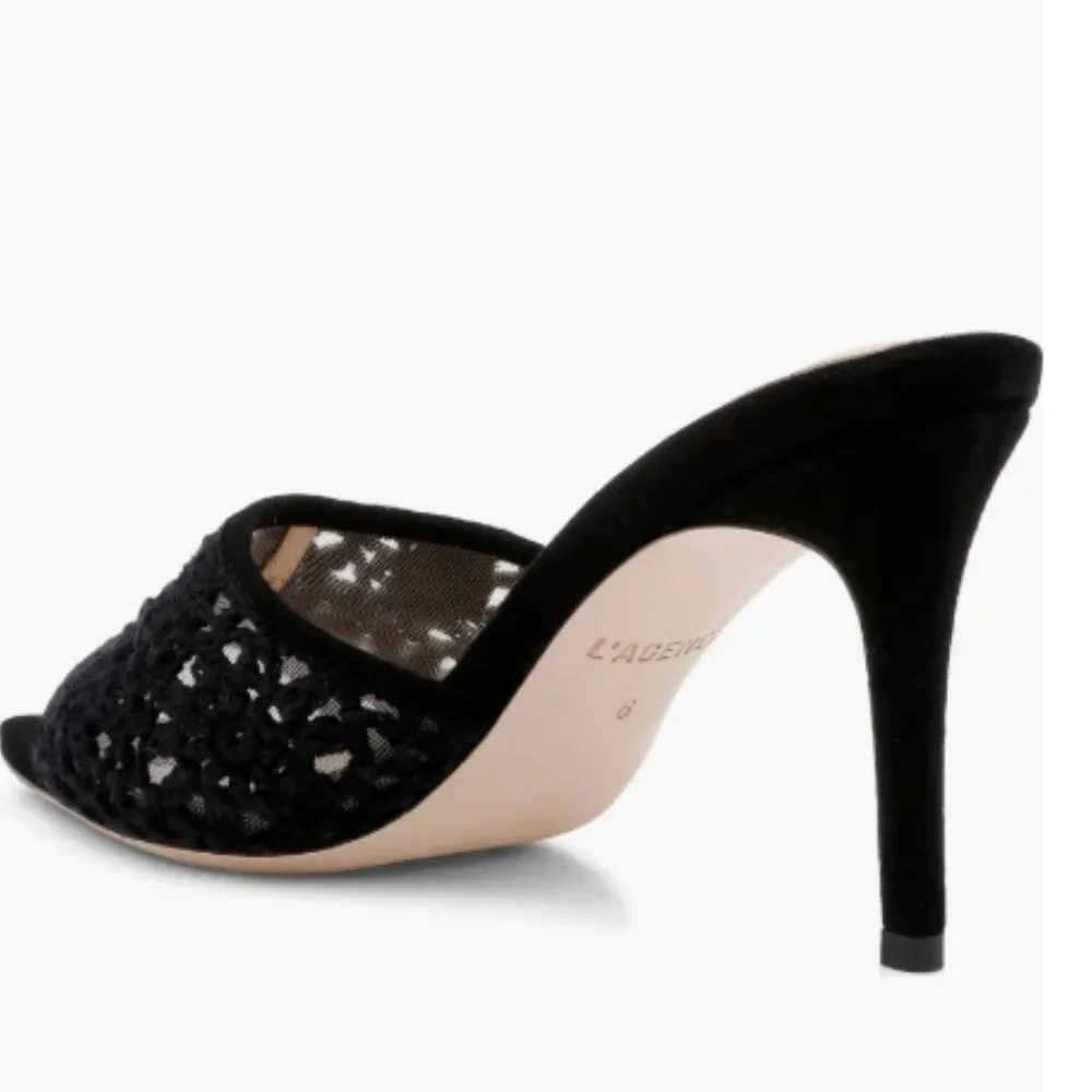 NEW  L'AGENCE Armande Crochet Heeled Sandals in black for women 72 15i8 - Picture 6 of 9